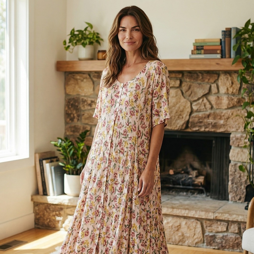 The‎ Avenue Maxi Dress Women 16 Pink Floral Crinkle Rayon Vintage Cottagecore